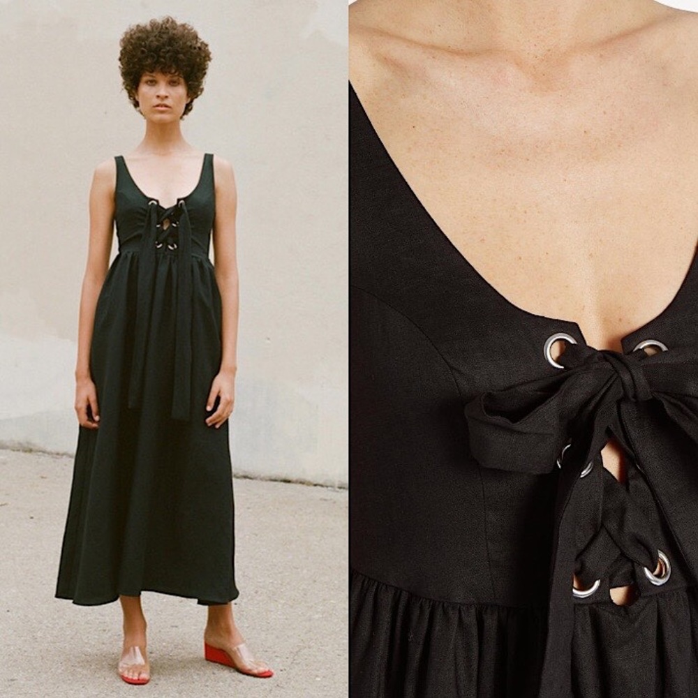 MARA HOFFMAN BLACK LINEN LACE UP MIDI DRESS